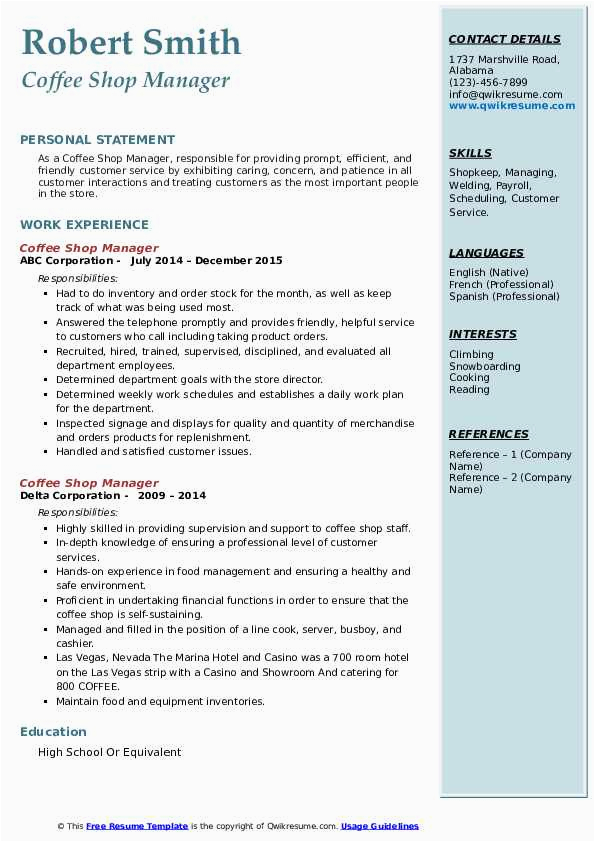 Sample Resume for Coffee Shop Worker Coffee Shop Manager Resume Samples