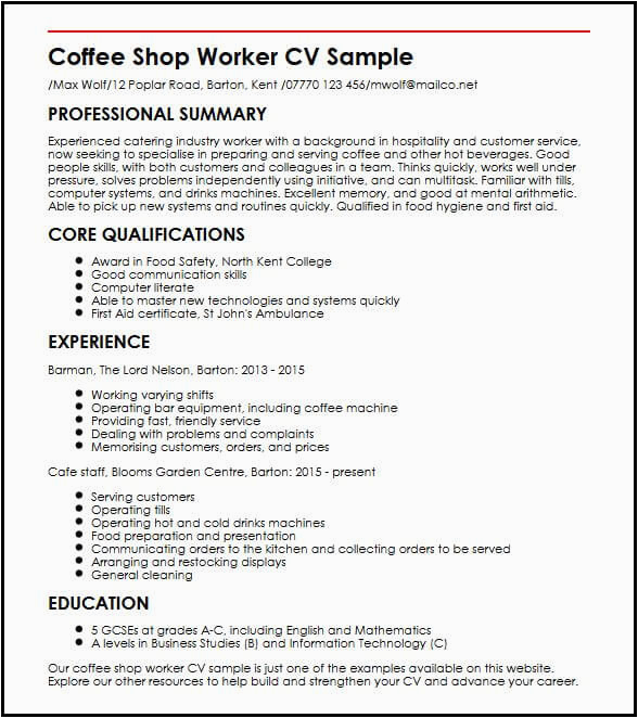 Sample Resume for Coffee Shop Worker Coffee Shop Worker Cv Sample
