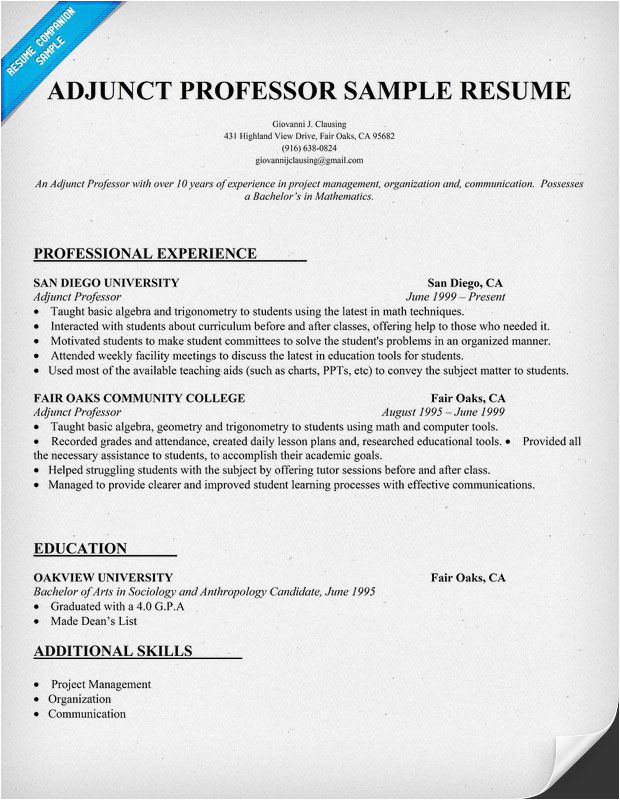Sample Resume for College Faculty Position Resume Example for Adjunct Professor Resume Panion