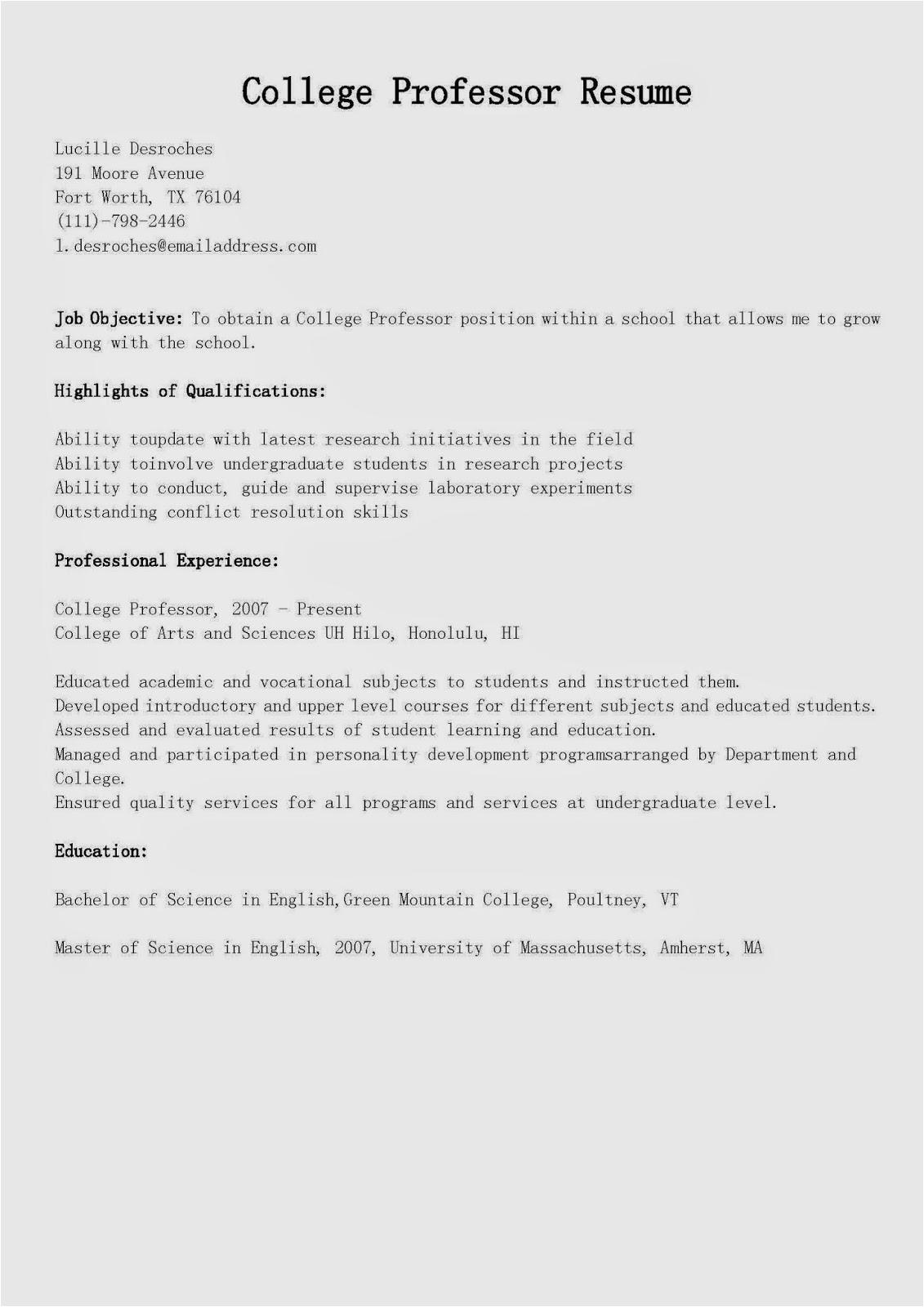 Sample Resume for College Faculty Position Resume Samples College Professor Resume Sample