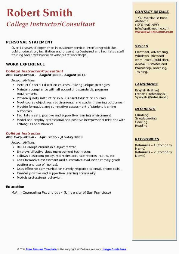 Sample Resume for College Instructor Position College Instructor Resume Samples