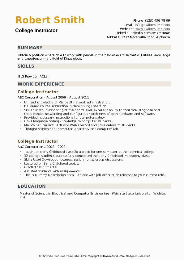 Sample Resume for College Instructor Position College Instructor Resume Samples