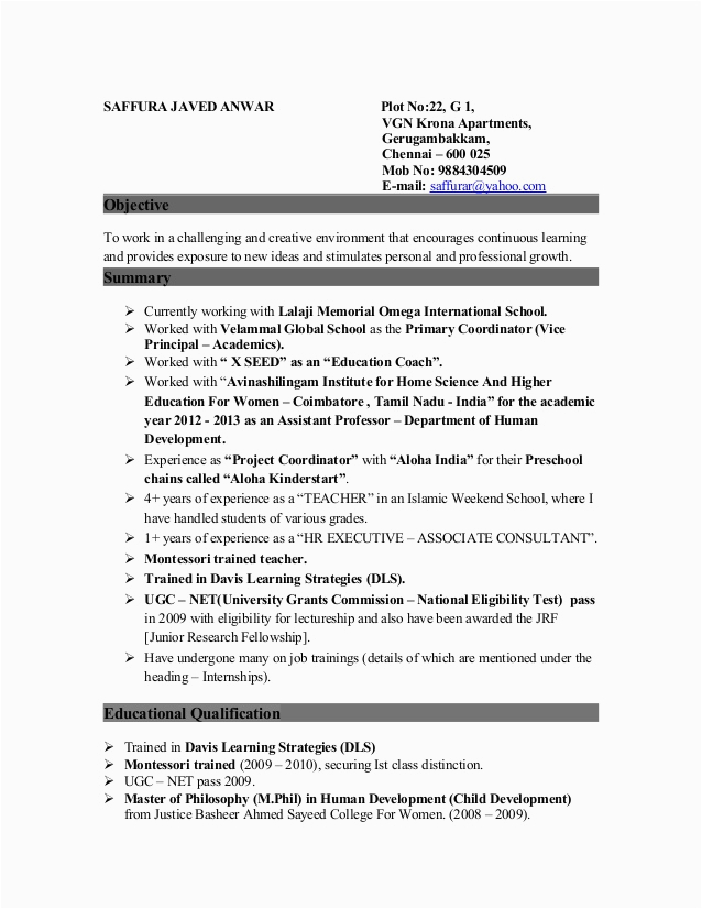 Sample Resume for College Principal In India Resume for the Post Of A Coordinator Vice Principal