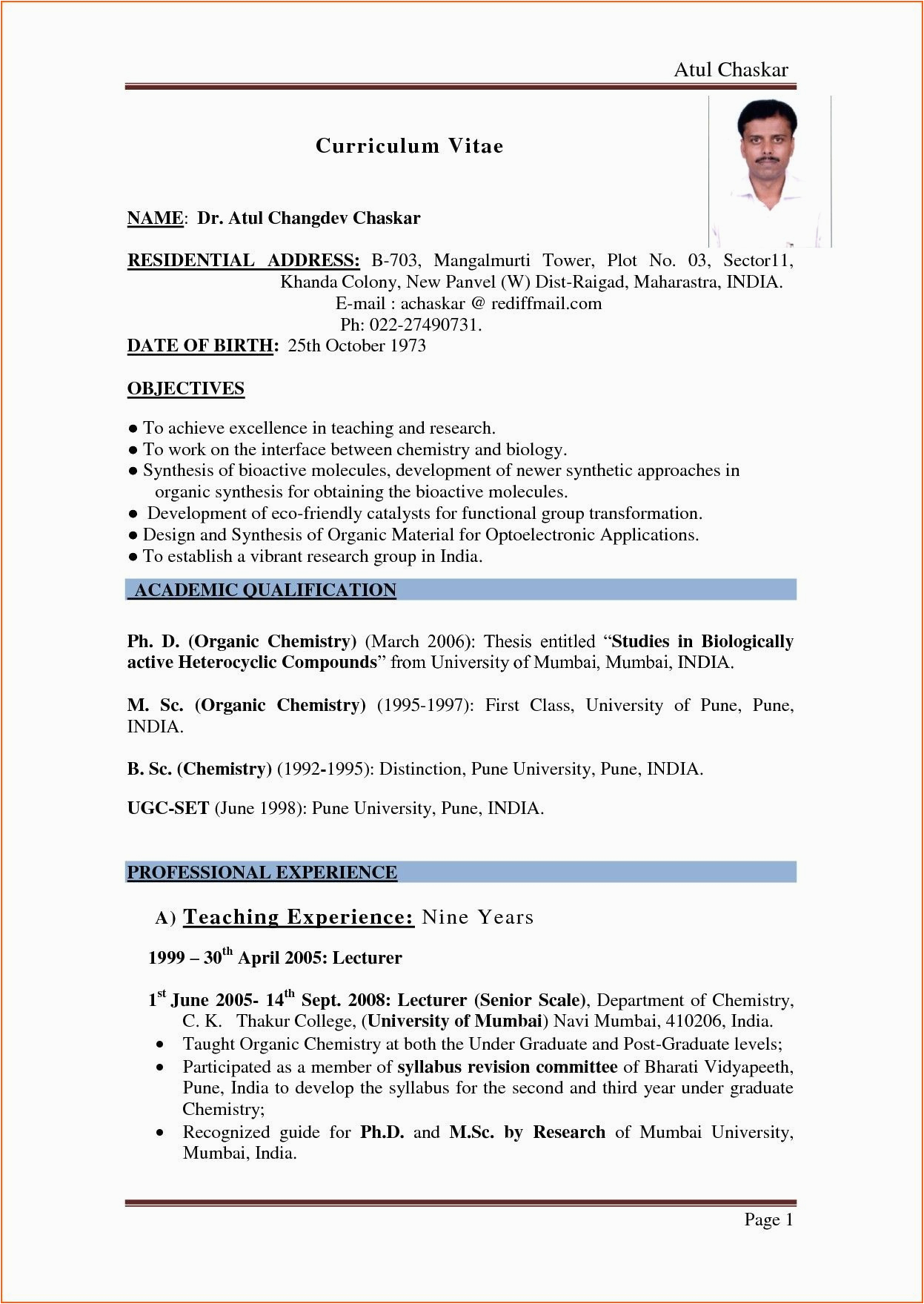Sample Resume for College Principal In India Sample Resume for Teachers In India Pdf at Resume Sample