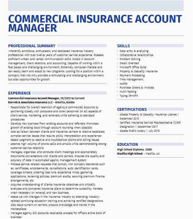 Sample Resume for Commercial Insurance Account Manager Licensed Insurance Account Manager Resume Example Pany