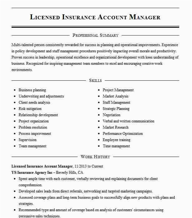 Sample Resume for Commercial Insurance Account Manager Licensed Insurance Account Manager Resume Example Ys