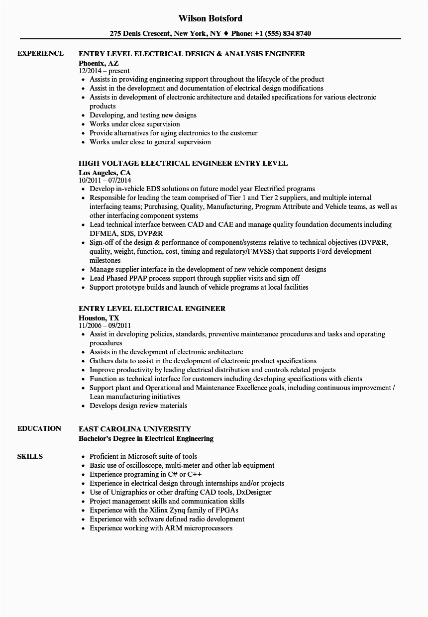 Sample Resume for Entry Level Electrical Engineer Entry Level Electrical Engineer Resume Samples