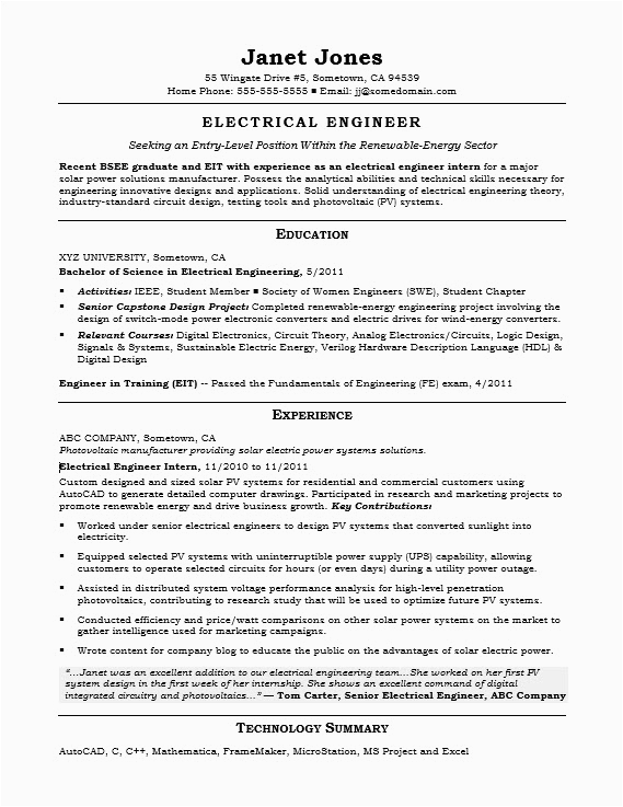 Sample Resume for Entry Level Electrical Engineer Entry Level Electrical Engineer Sample Resume