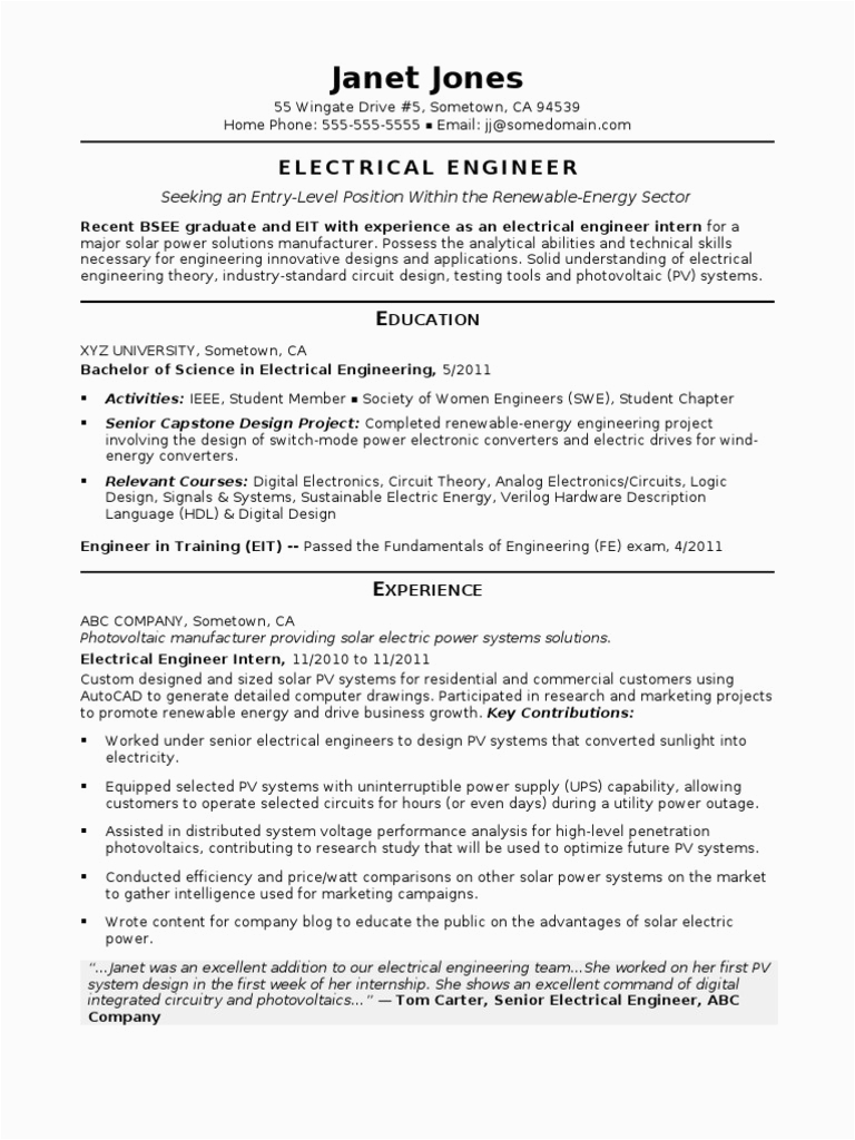 Sample Resume for Entry Level Electrical Engineer Sample Resume Electrical Engineer Entry Level 1