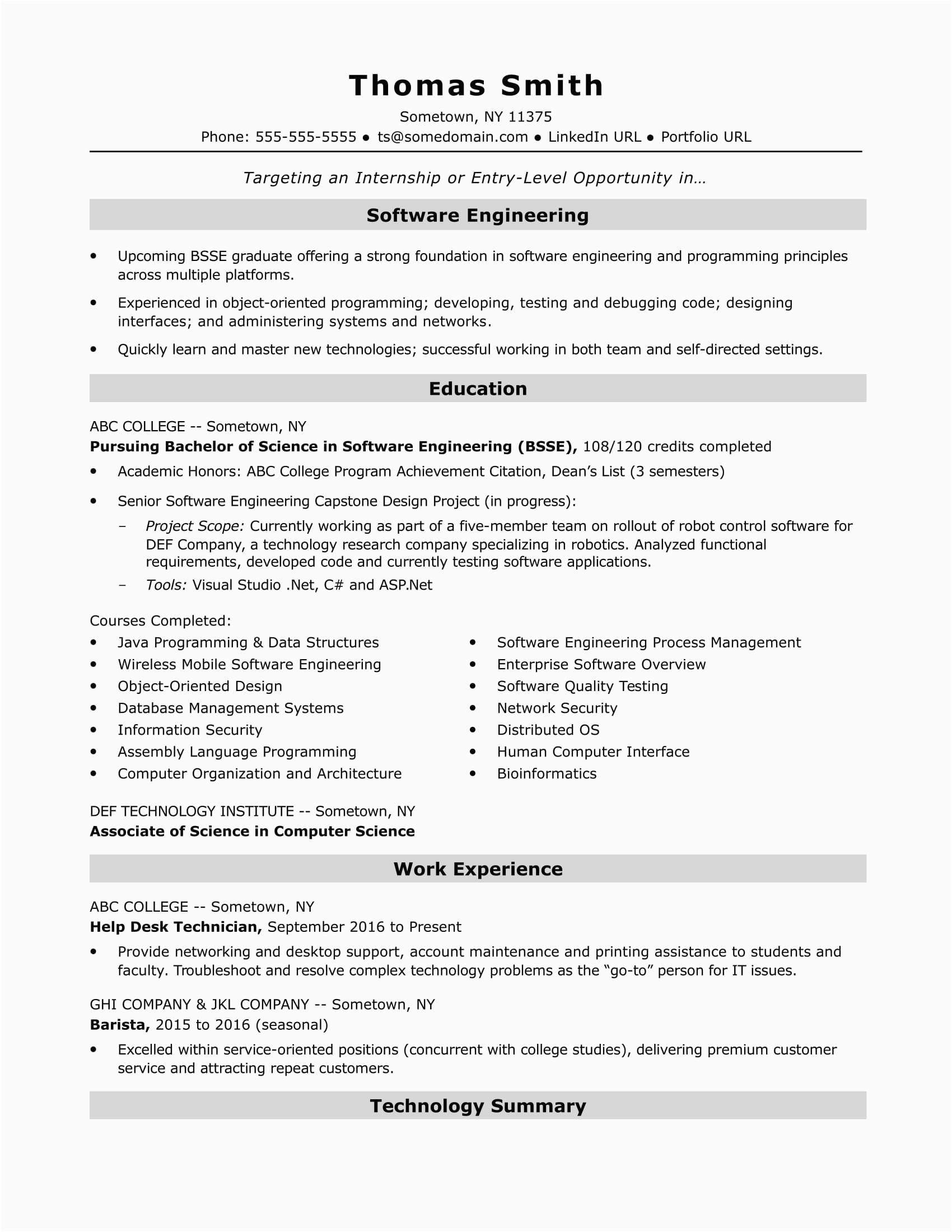 Sample Resume for Entry Level software Developer Entry Level software Engineer Resume Sample