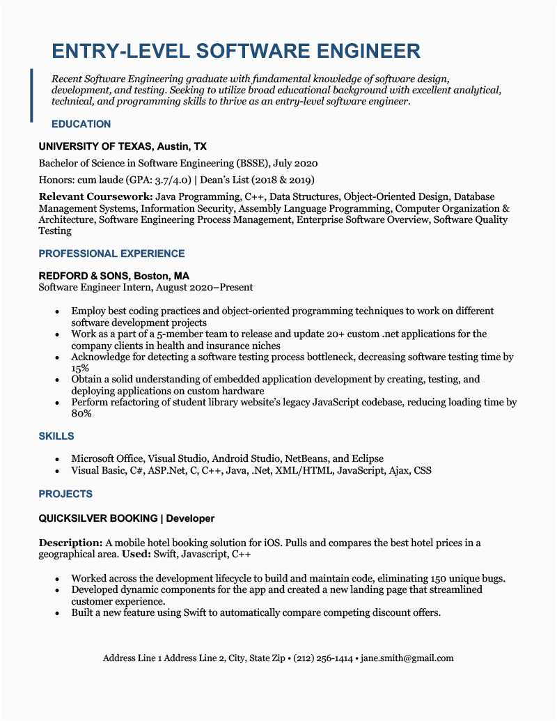 Sample Resume for Entry Level software Developer Entry Level software Engineer Resume [sample & Writing Tips]