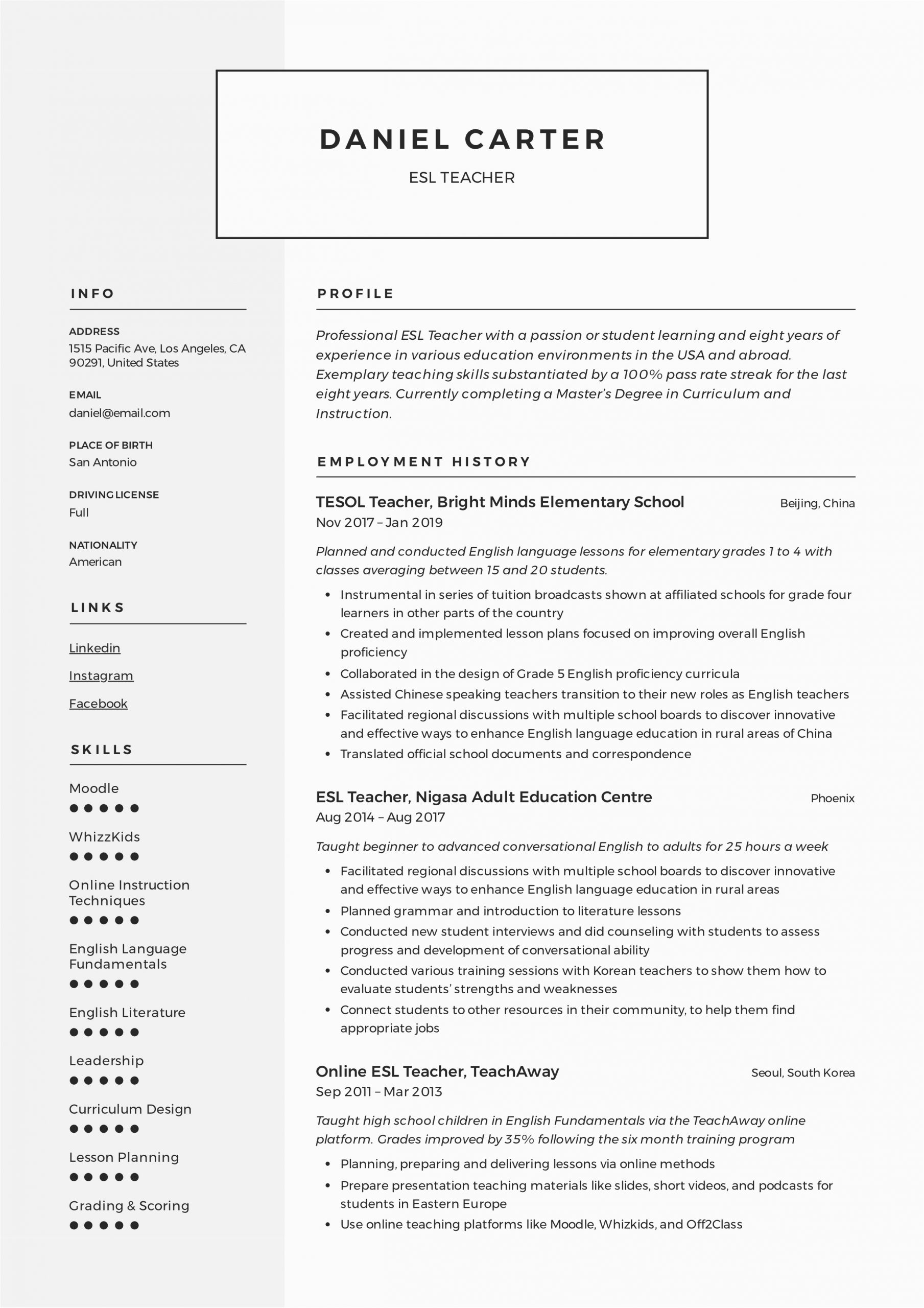 Sample Resume for Esl Teaching Job 19 Esl Teacher Resume Examples & Writing Guide