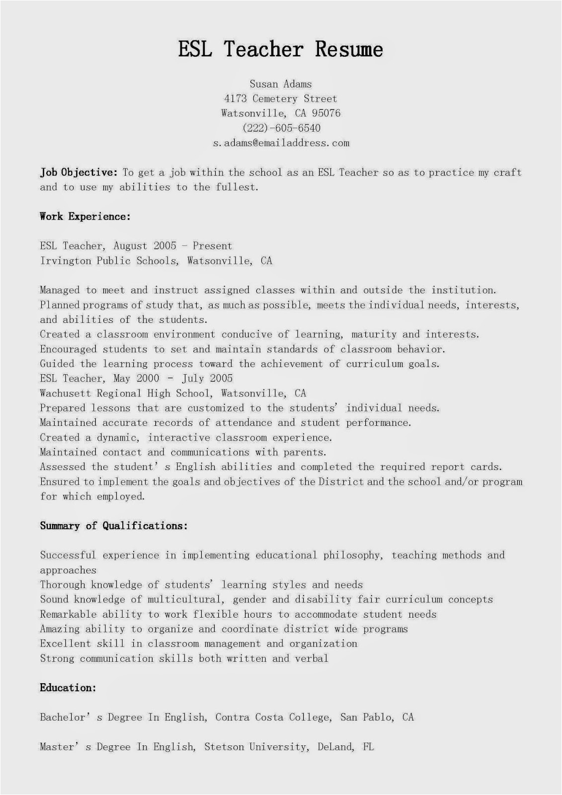 Sample Resume for Esl Teaching Job Resume Samples Esl Teacher Resume Sample