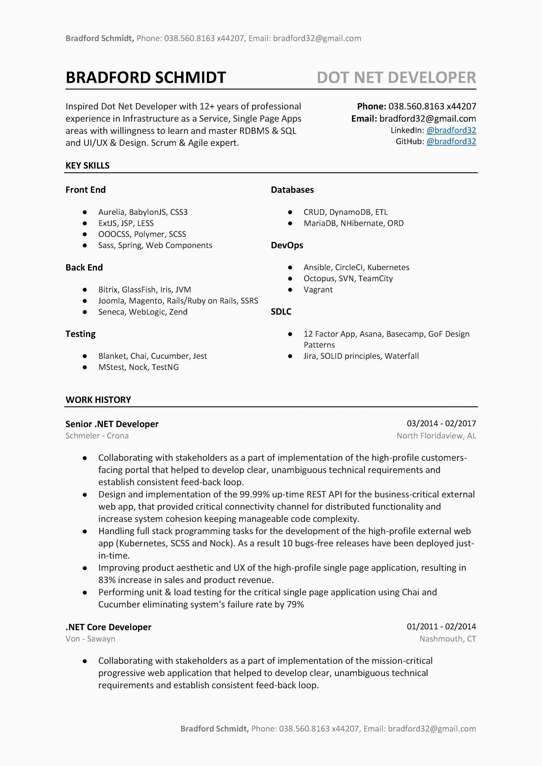 Sample Resume for Experienced Net Developer Dot Net Developer Resume Sample & Template to Download