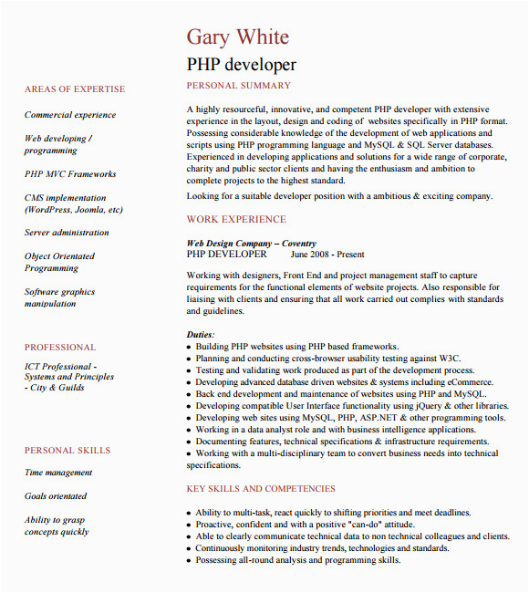 Sample Resume for Experienced PHP Developer Free Download Free 7 Sample PHP Developer Resume Templates In Pdf