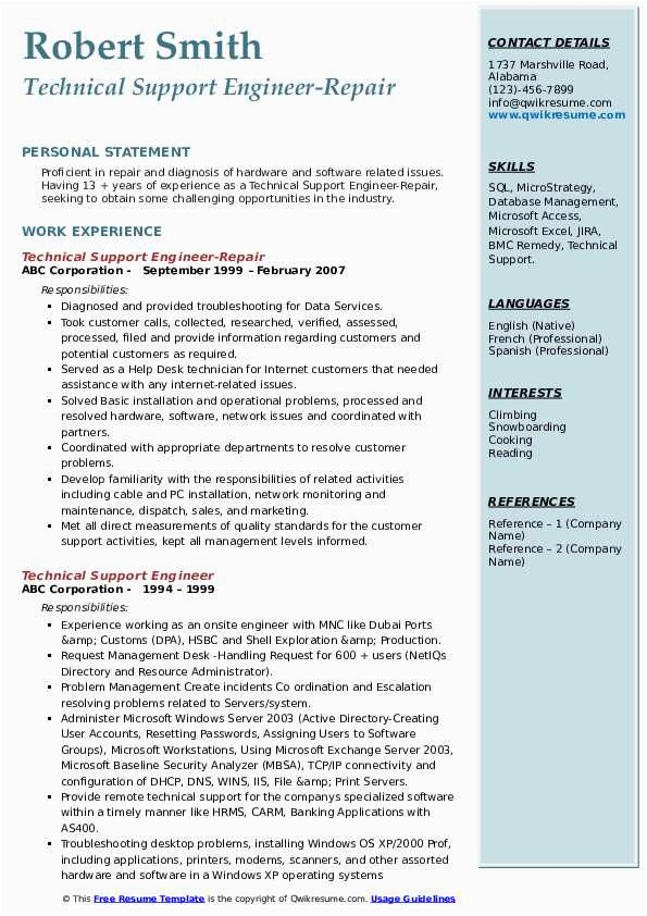 Sample Resume for Experienced Technical Support Engineer Technical Support Engineer Resume Samples