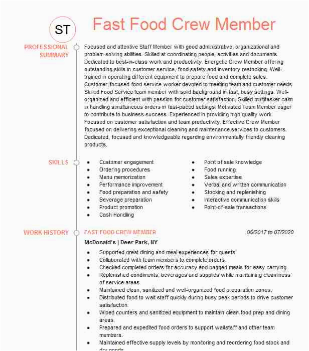 Sample Resume for Fast Food Crew Fast Food Crew Trainer Manager Resume Example Dairy Queen