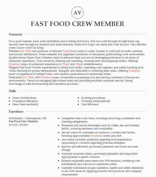 Sample Resume for Fast Food Crew without Experience Fast Food Crew Member Resume Example Mcdonald S West
