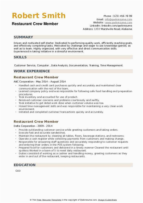 Sample Resume for Fast Food Service Crew without Experience Restaurant Crew Member Resume Samples