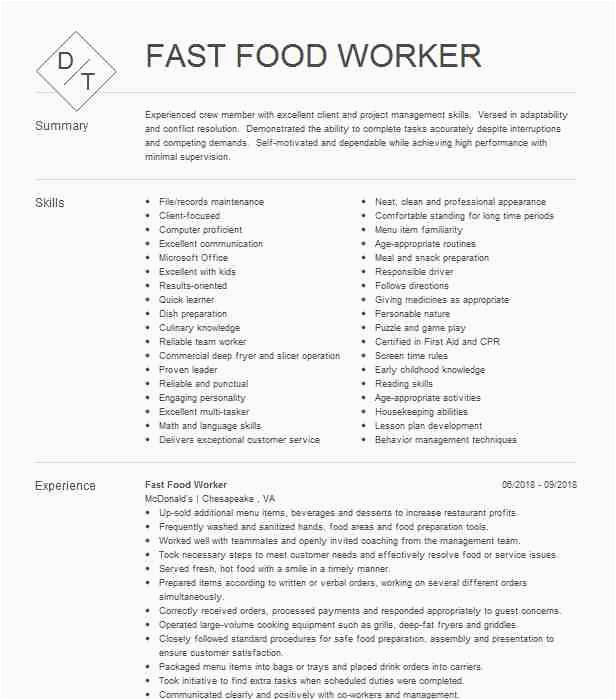 Sample Resume for Fast Food Worker Fast Food Worker Resume Example Family Collaborative