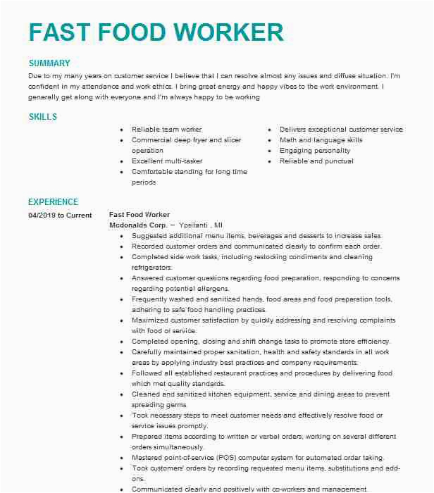 Sample Resume for Fast Food Worker Fast Food Worker Resume Example Mcdonald S Sarasota Florida