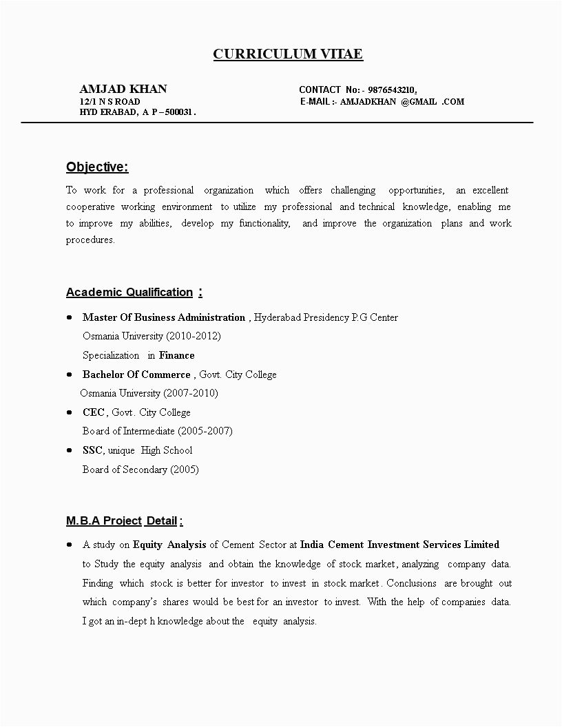 Sample Resume for Finance and Accounting Freshers Mba Finance Fresher Resume
