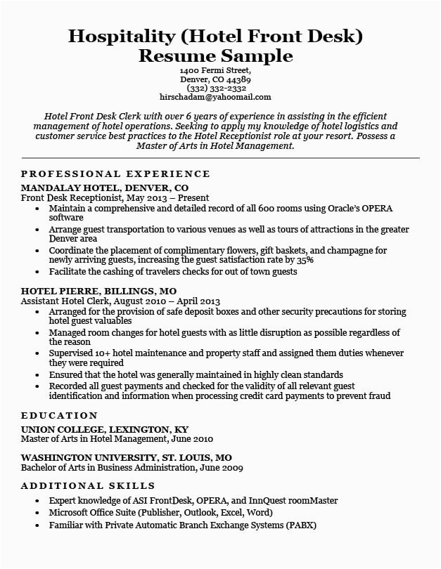 Sample Resume for Hotel Front Desk Receptionist Hotel Front Desk Resume Sample Free Resume Templates
