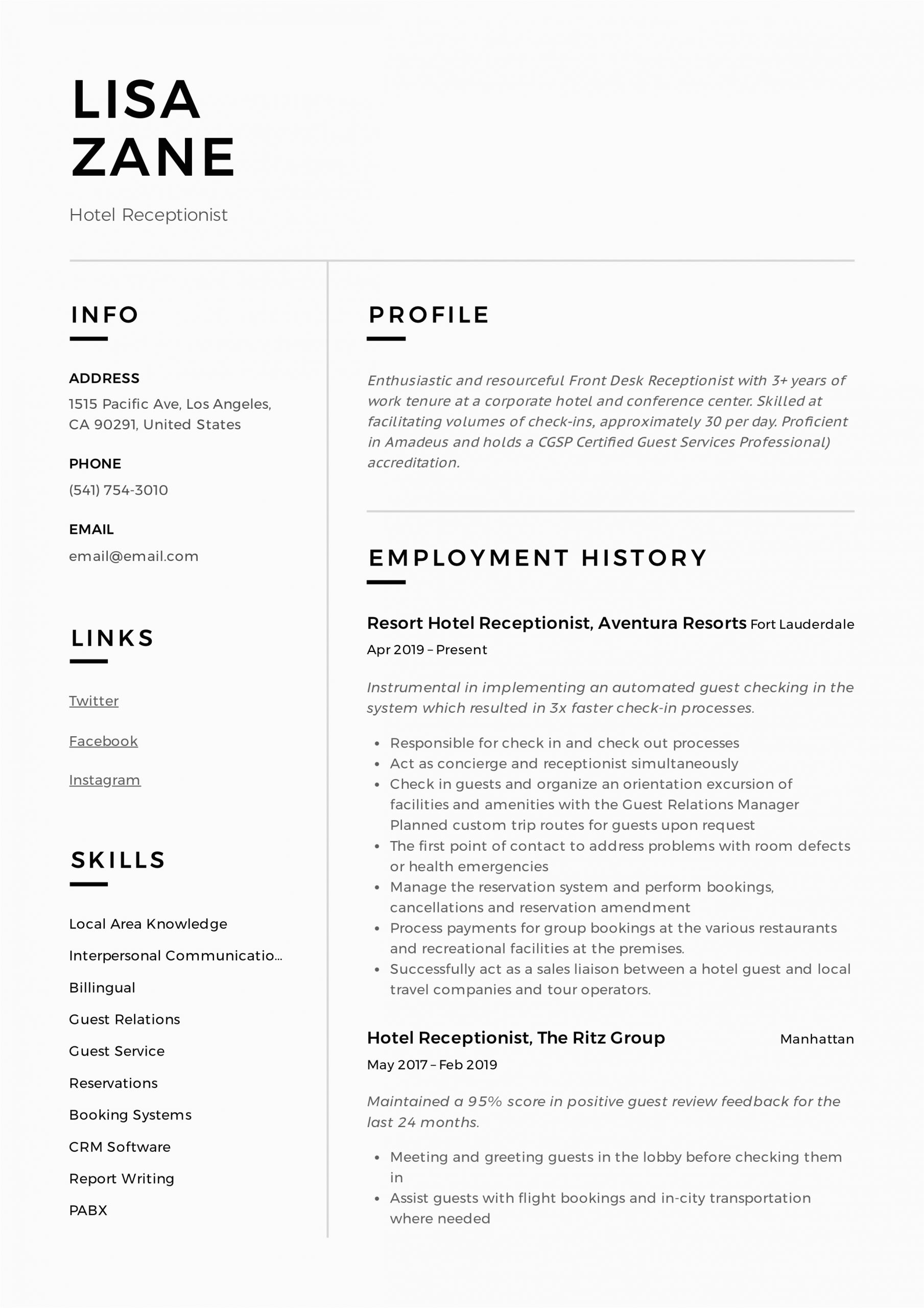 Sample Resume for Hotel Front Desk Receptionist Hotel Receptionist Resume & Writing Guide