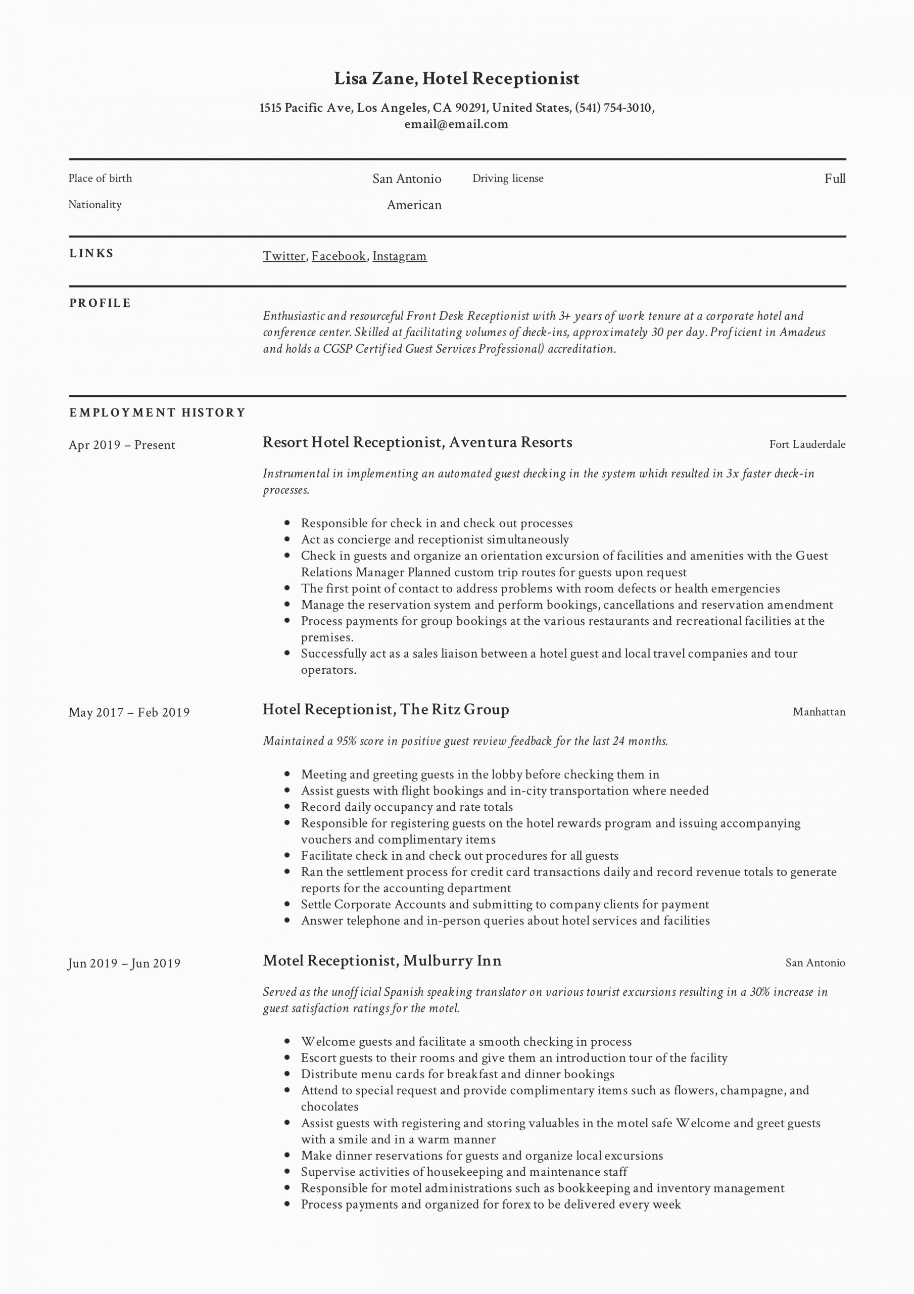 Sample Resume for Hotel Front Desk Receptionist Hotel Receptionist Resume & Writing Guide