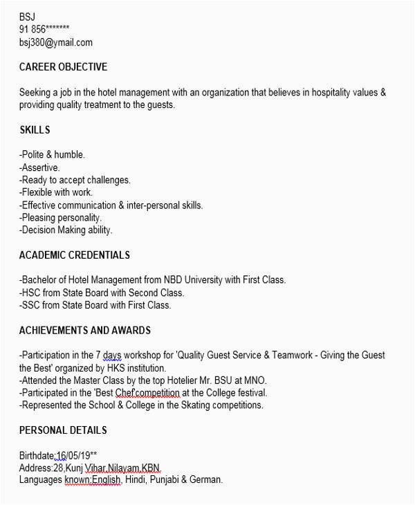 Sample Resume for Hotel Management Fresher Free 40 Fresher Resume Examples In Psd