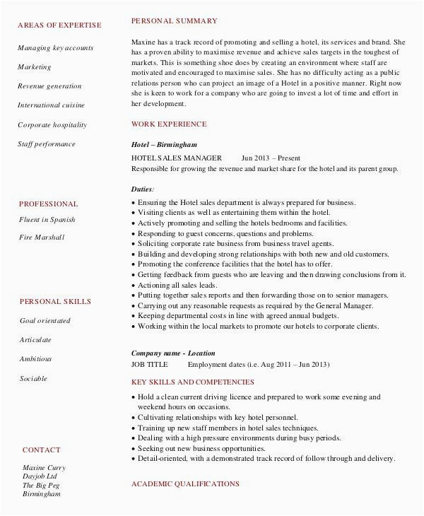 Sample Resume for Hotel Management Job 20 Hotel Sales Manager Resume In 2020