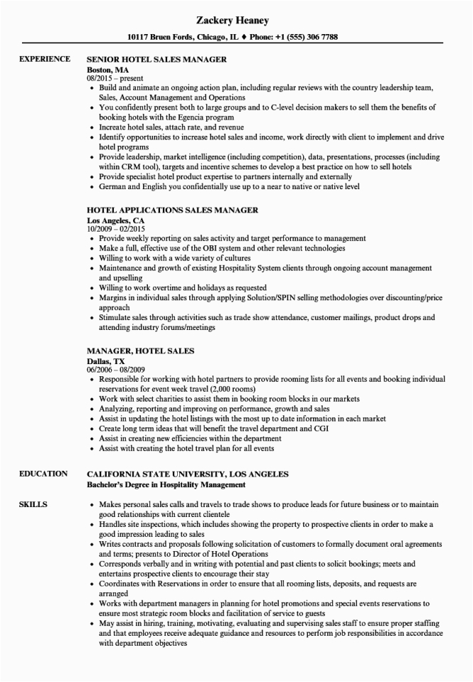 Sample Resume for Hotel Management Job Hotel Sales Manager Resume Resume Sample