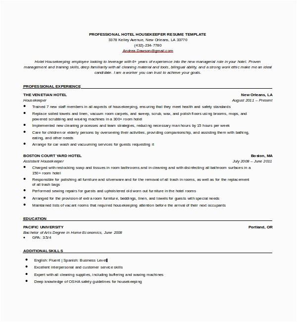 Sample Resume for Housekeeping Job In Hotel Free 12 Sample Housekeeping Resume Templates In Pdf