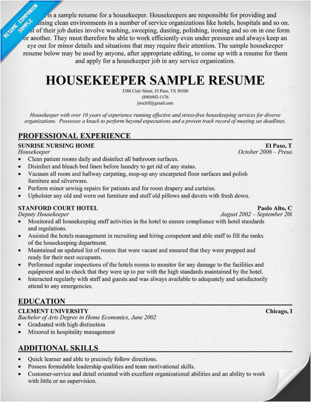 Sample Resume for Housekeeping Job In Hotel Hotel Housekeeper Resume