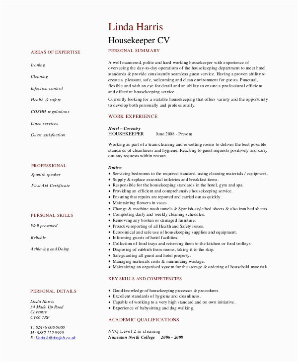 Sample Resume for Housekeeping Job In Hotel Hotel Housekeeping Sample Resume