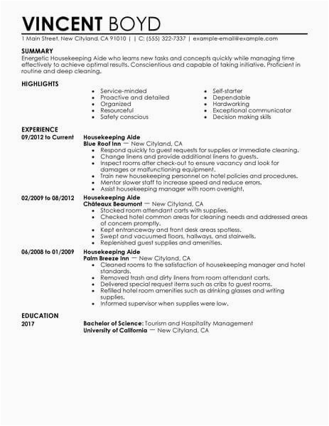 Sample Resume for Housekeeping with No Experience Housekeeping Aide Resume Sample