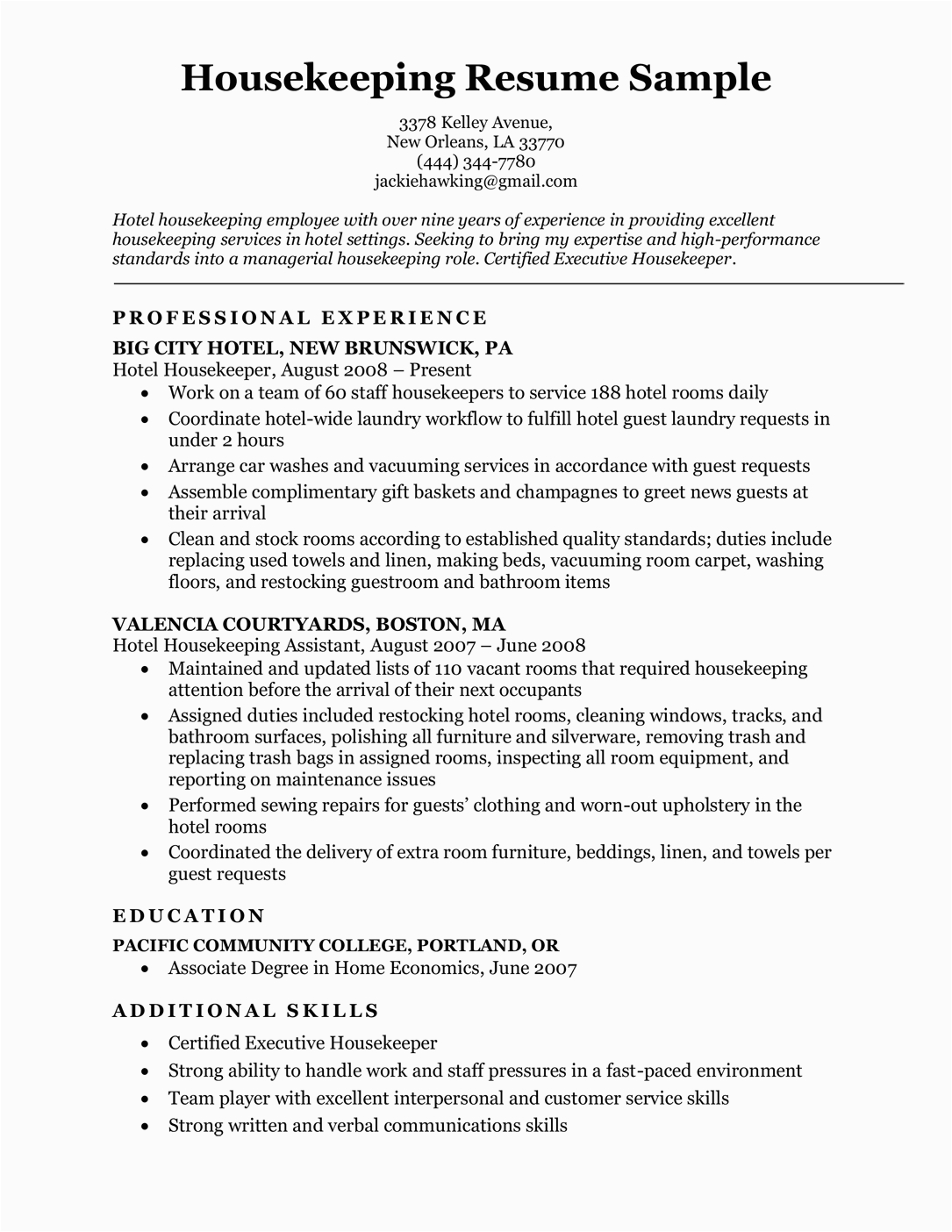 Sample Resume for Housekeeping with No Experience Housekeeping Resume Sample