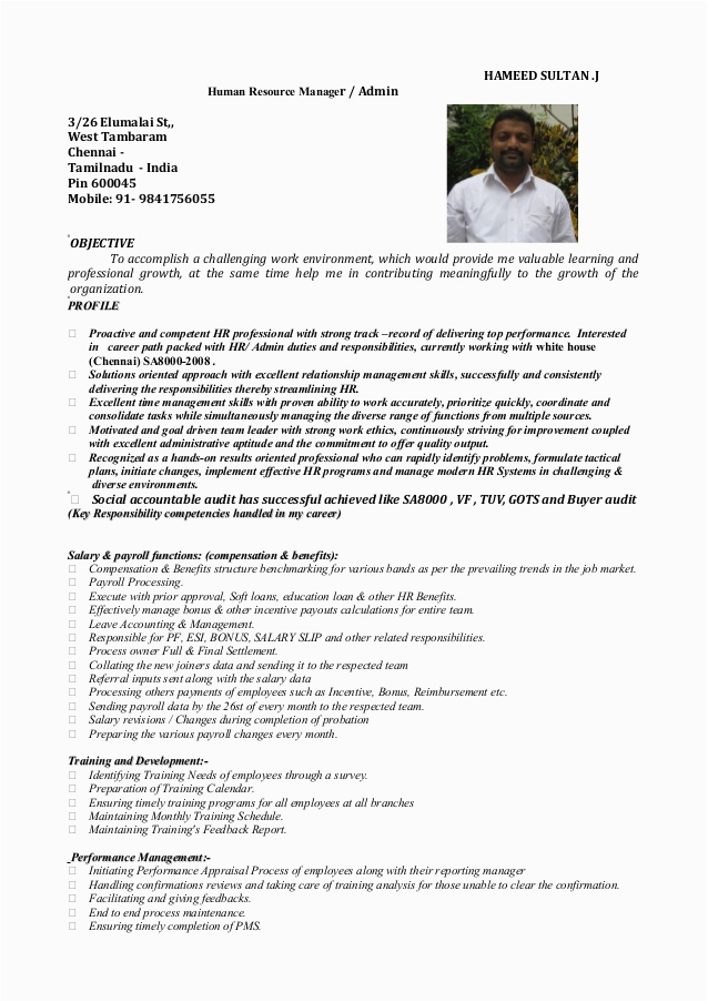 Sample Resume for Hr and Admin Executive In India Resume Hameed Hr