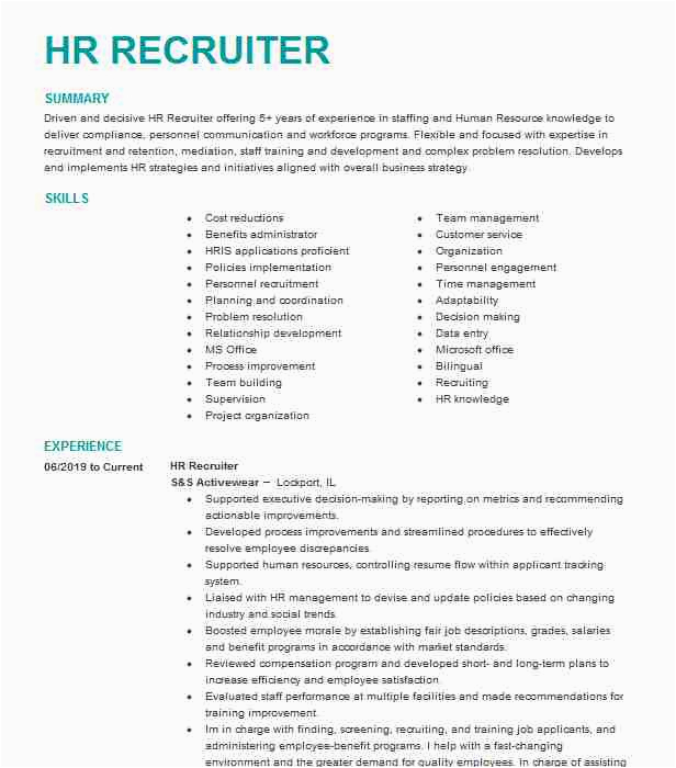 Sample Resume for Hr Recruiter Position Hr Recruiter Resume Example Human Resources Recruiter