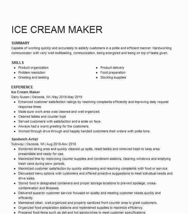 Sample Resume for Ice Cream Shop Ice Cream Maker Resume Example Nestle Dreyers Ice Cream