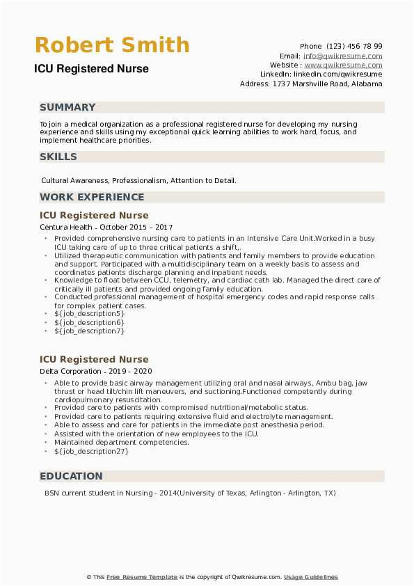 Sample Resume for Icu Registered Nurse Icu Registered Nurse Resume Samples