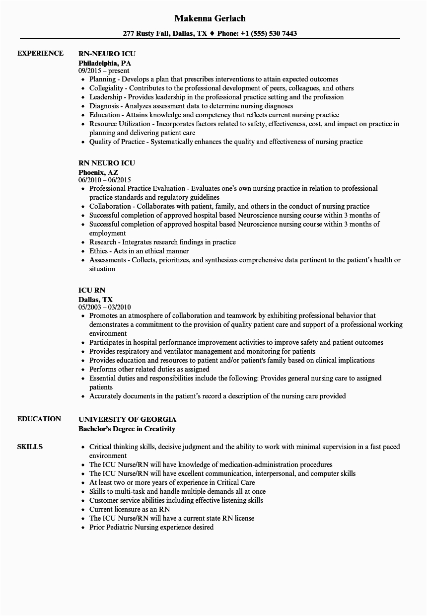 Sample Resume for Icu Registered Nurse Registered Nurse Cardiovascular Icu Cv July 2020