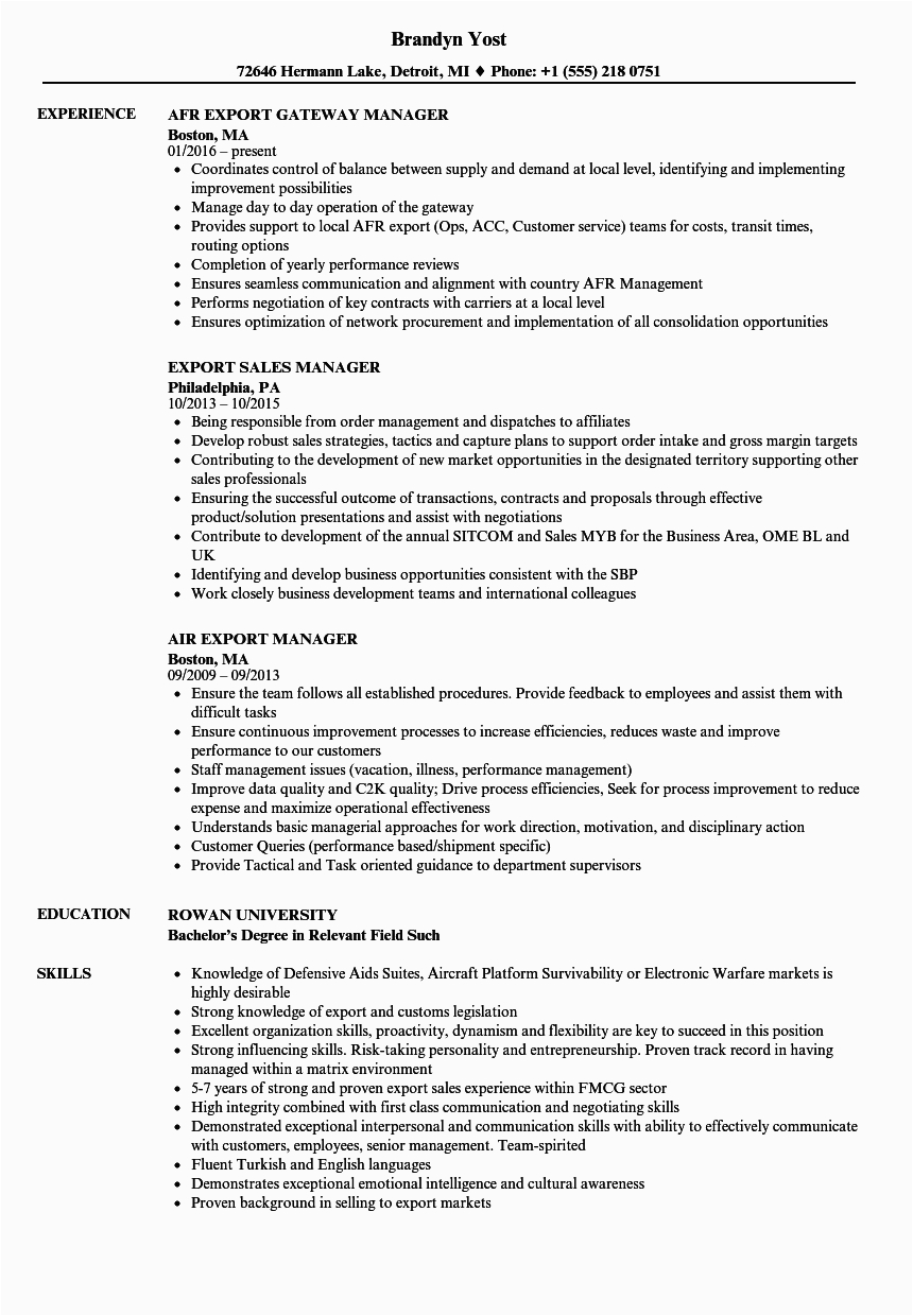 Sample Resume for Import Export Executive Collection Of Export Sales Manager Cv Sample Addictips