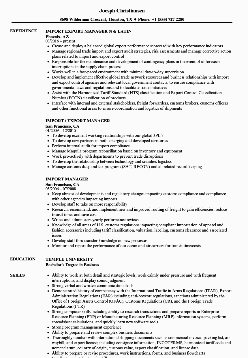 Sample Resume for Import Export Executive Import Manager Resume Samples
