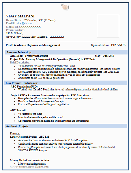 Sample Resume for Mba Freshers In Finance Over Cv and Resume Samples with Free Download