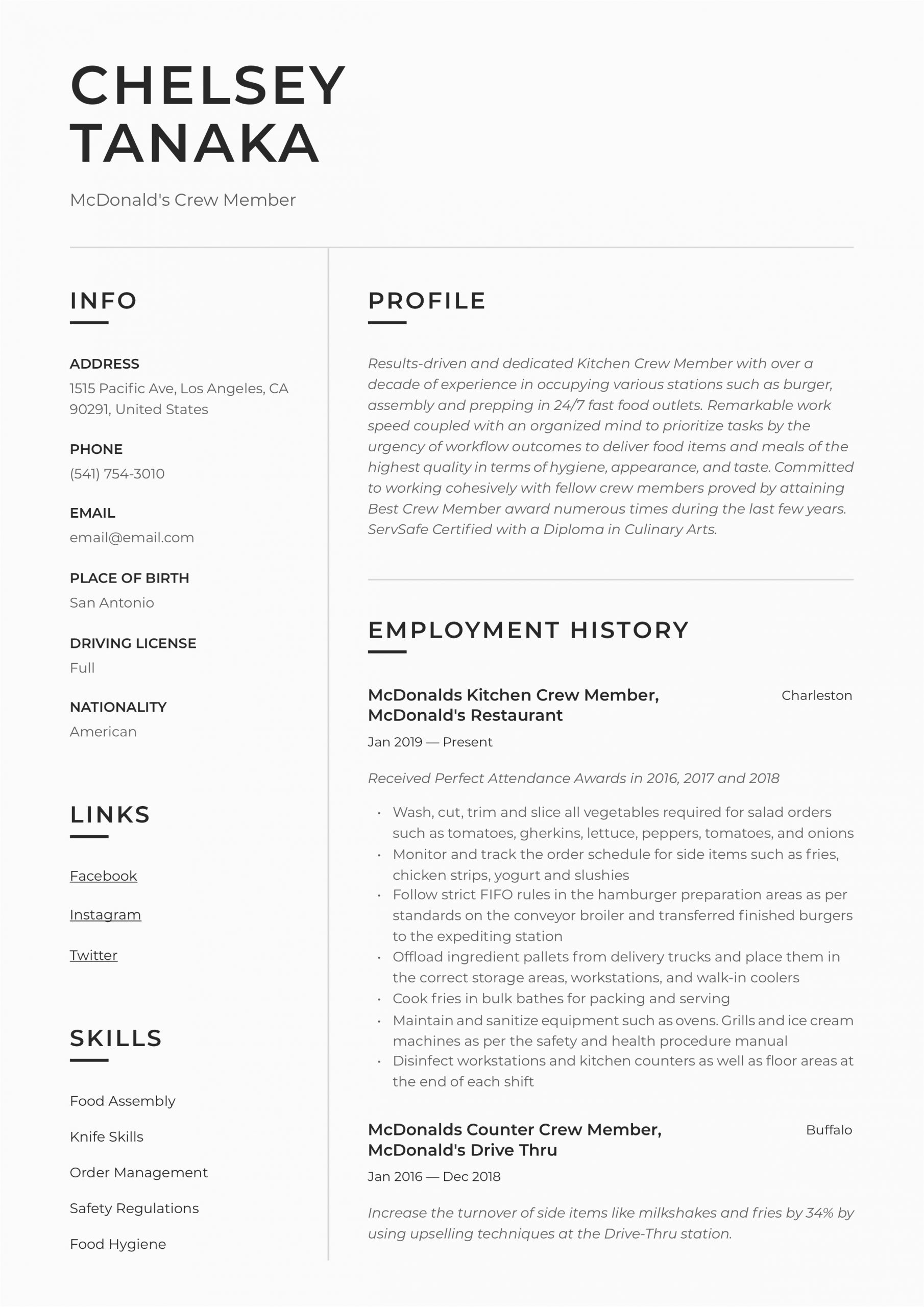 Sample Resume for Mcdonalds Crew Member Mcdonalds Crew Member Resume & Writing Guide