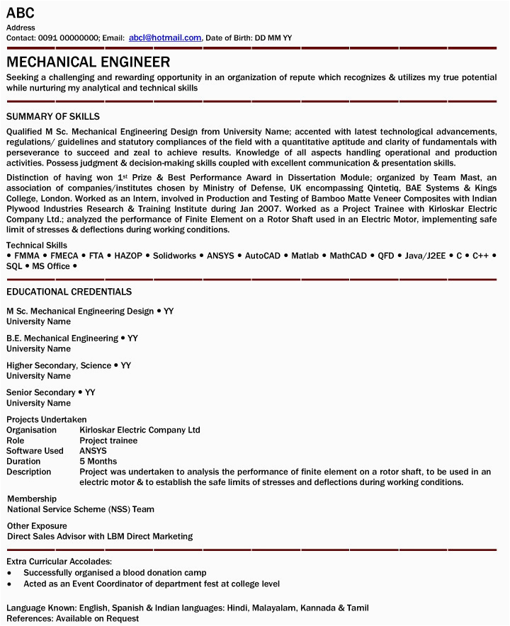 Sample Resume for Mechanical Engineer Fresher Pdf Fresher Mechanical Engineer Resume Doc