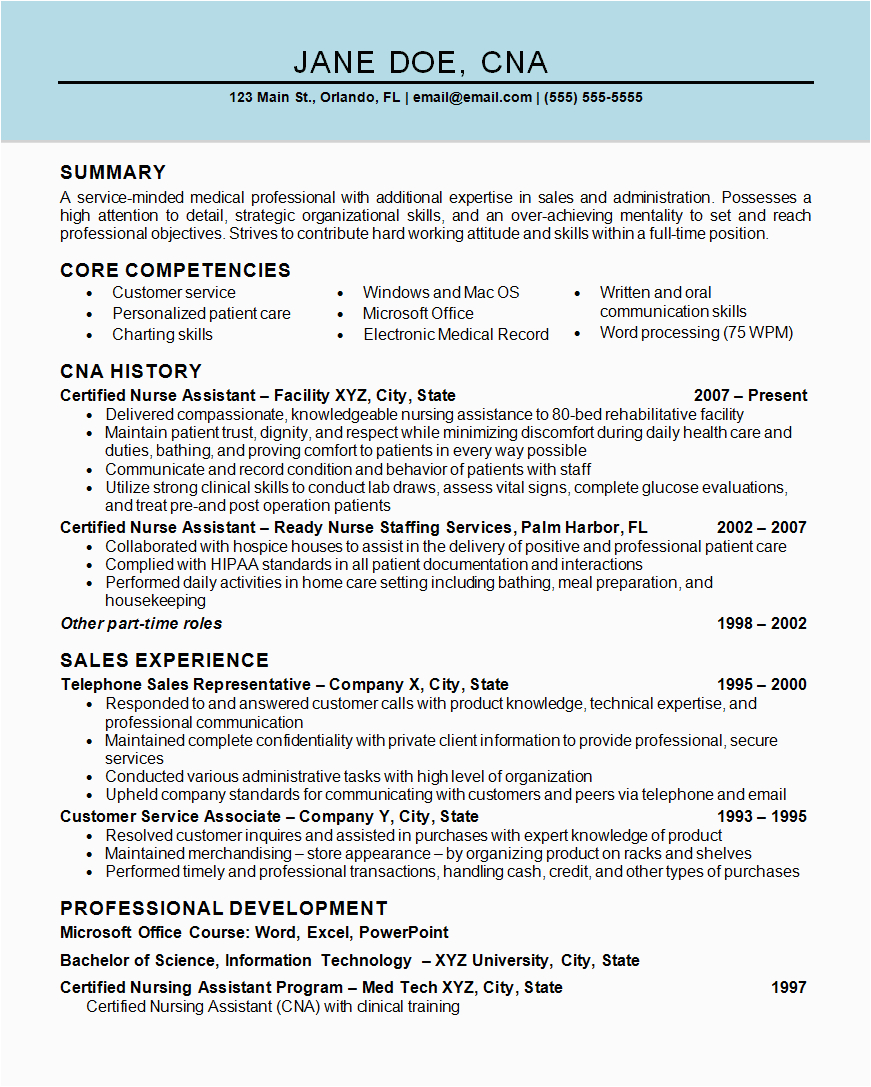 Sample Resume for Nursing assistant Position Nurse assistant Cna Resume Example