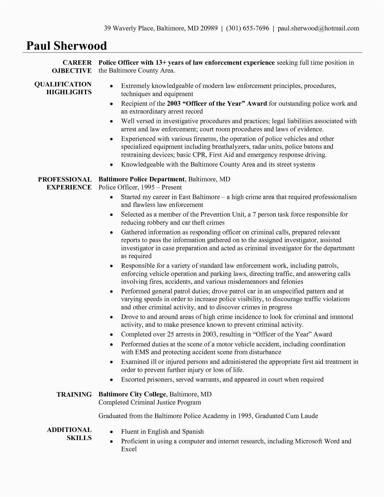 Sample Resume for Police Officer with No Experience Sample Police Ficer Resumes – Salescvfo