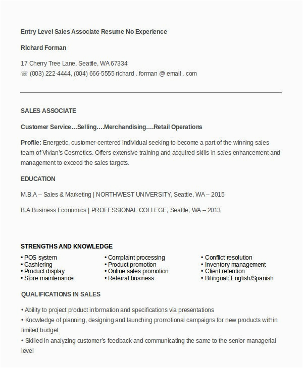 Sample Resume for Sales associate with No Experience 7 Sales associate Resume Templates Pdf Doc